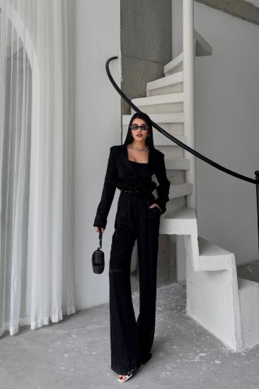 JAKARLI BLUZU TASARIM DETAYLI CEKET-PANTOLON-BLUZ 3 LÜ TAKIM - Siyah resmi